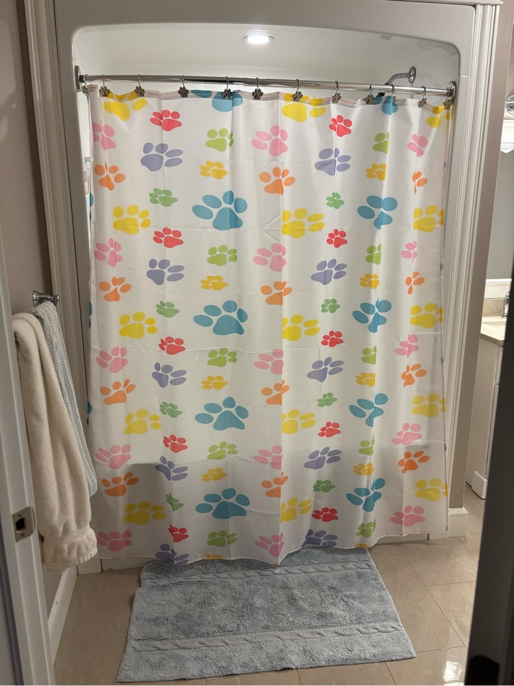 Playful Multi-Color Paw Print Shower Curtain - White